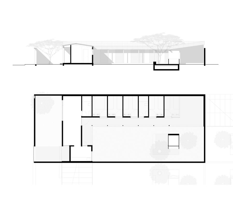 Coupe longitudinale et plan du sol de la maison.